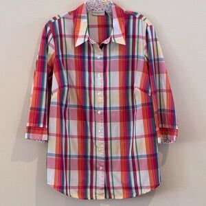 Kim Rogers Women's SZ 16W Plus 3/4 Sleeve Multicolor Plaid w/ Contrast Cuff EUC